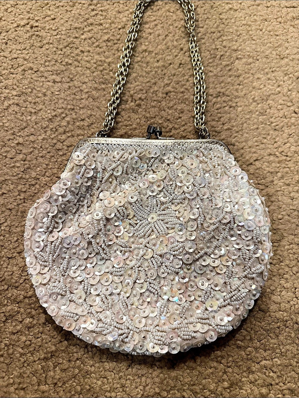 Beaded Sequin Chain Clutch in White/Creme